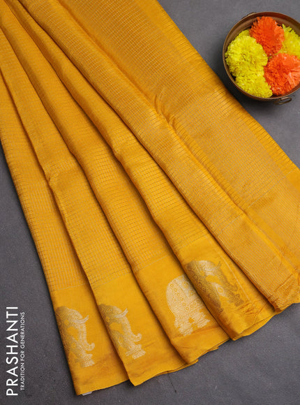 Semi mysore silk saree yellow with allover zari checks and zari woven butta border