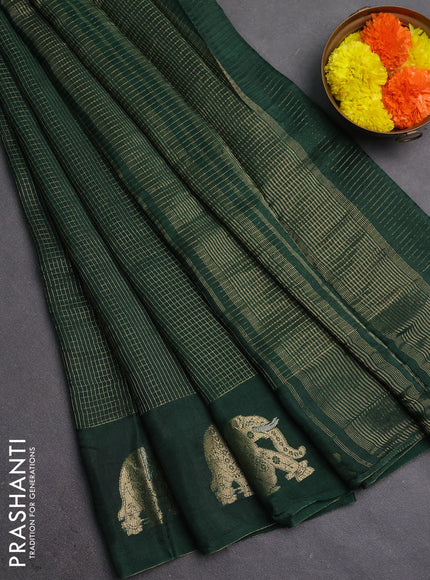 Semi mysore silk saree bottle green with allover zari checks and zari woven butta border