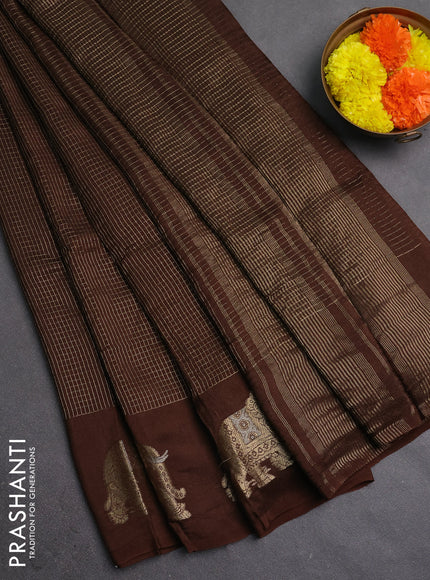Semi mysore silk saree coffee brown with allover zari checks and zari woven butta border