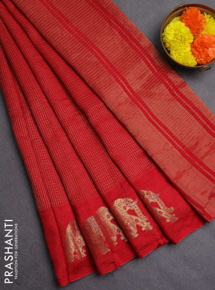 Semi mysore silk saree red with allover zari checks and zari woven butta border