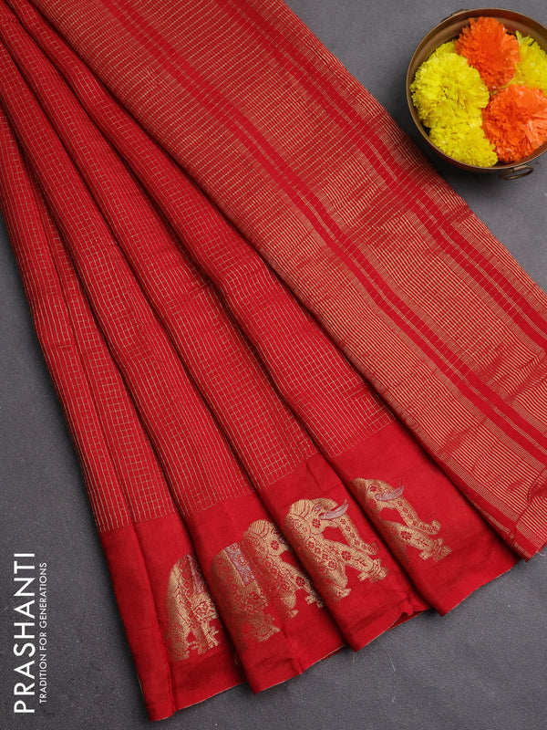 Semi mysore silk saree red with allover zari checks and zari woven butta border