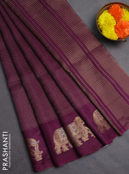 Semi mysore silk saree wine shade with allover zari checks and zari woven butta border