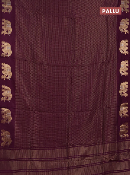 Semi mysore silk saree wine shade with allover zari checks and zari woven butta border