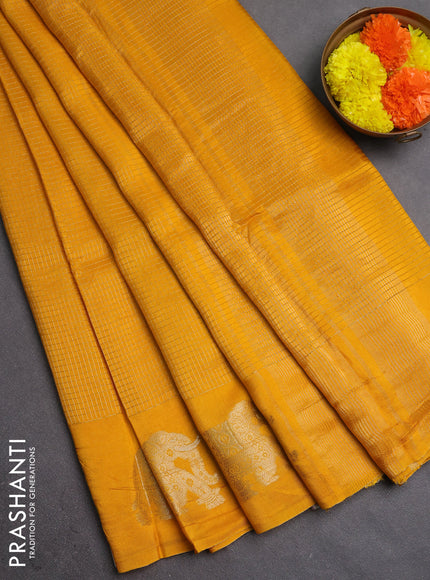 Semi mysore silk saree mustard yellow with allover zari checks and zari woven butta border