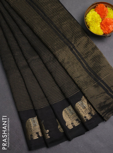 Semi mysore silk saree black with allover zari checks and zari woven butta border