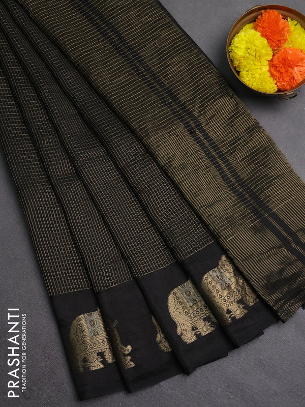 Semi mysore silk saree black with allover zari checks and zari woven butta border