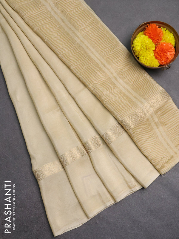 Semi mysore silk saree beige with plain body and zari woven simple border
