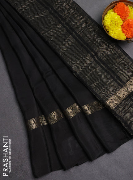 Semi mysore silk saree black with plain body and zari woven simple border