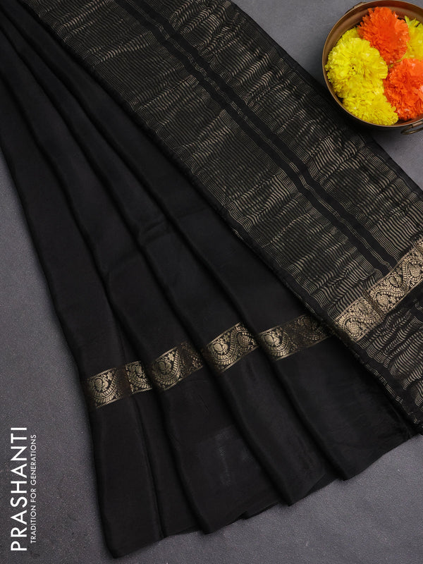 Semi mysore silk saree black with plain body and zari woven simple border
