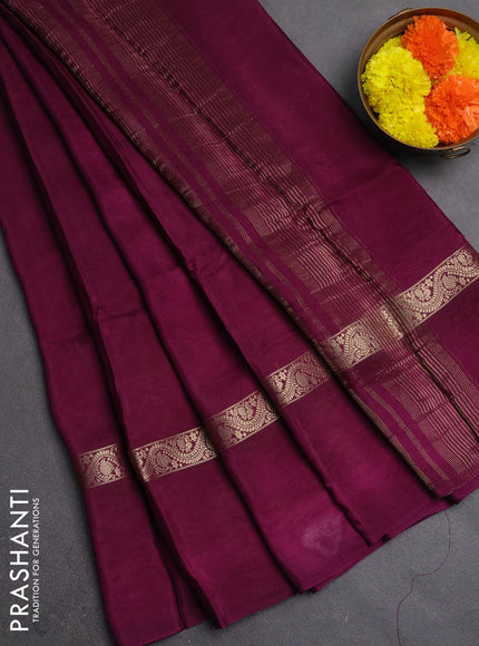 Semi mysore silk saree wine shade with plain body and zari woven simple border
