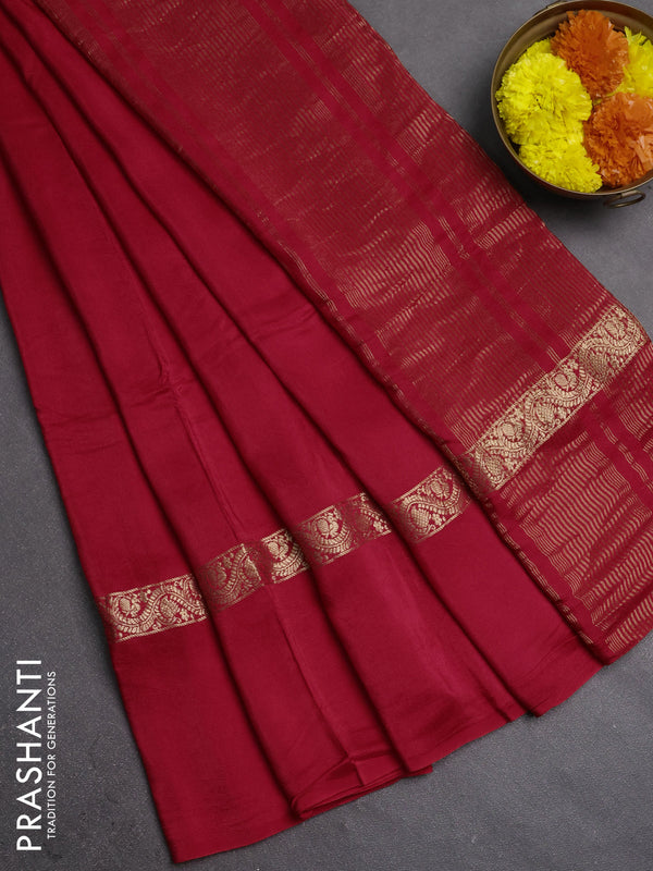 Semi mysore silk saree red with plain body and zari woven simple border