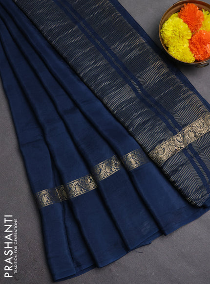 Semi mysore silk saree peacock blue with plain body and zari woven simple border