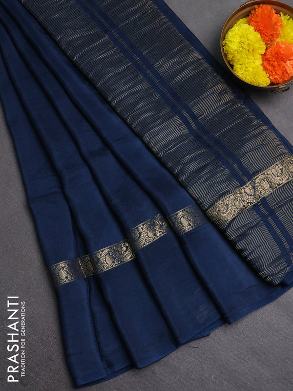 Semi mysore silk saree peacock blue with plain body and zari woven simple border