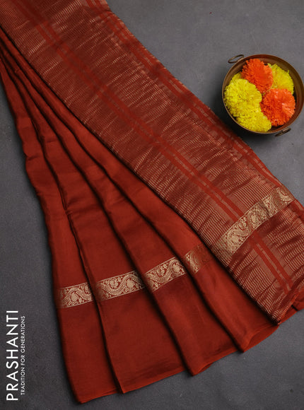 Semi mysore silk saree rust shade with plain body and zari woven simple border
