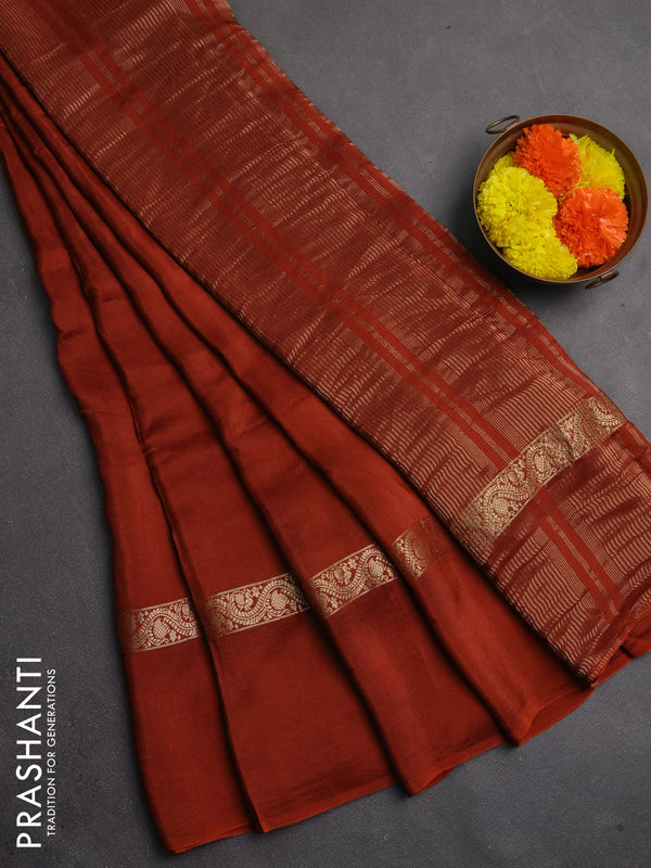 Semi mysore silk saree rust shade with plain body and zari woven simple border