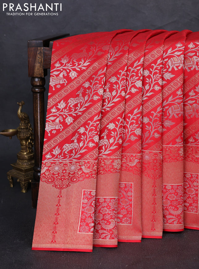 Pure kanchipuram silk saree red with allover zari woven brocade weaves and long zari woven border