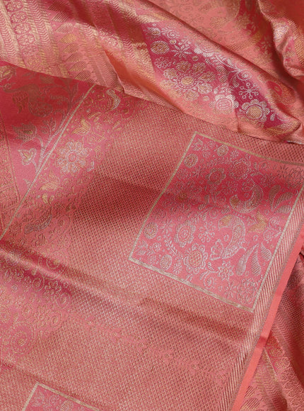 Pure kanchipuram silk saree peach shade with allover zari woven brocade weaves and long zari woven border