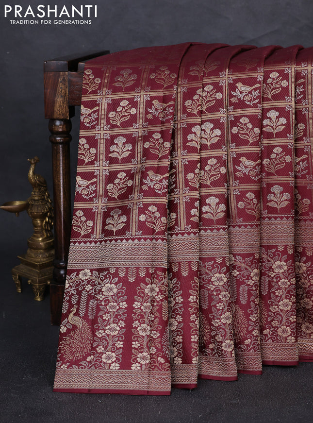Pure kanchipuram silk saree wine shade with allover zari woven brocade weaves and long zari woven border