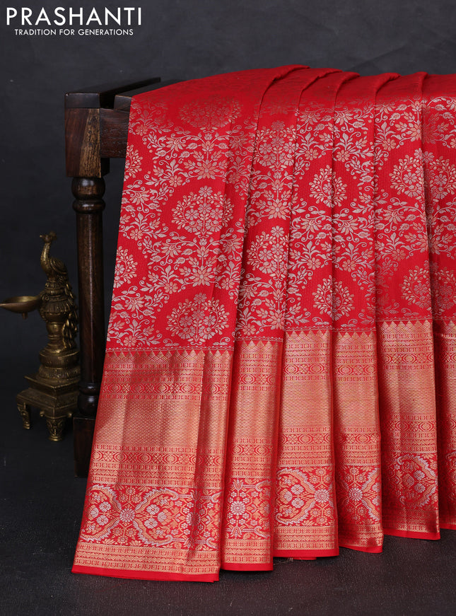 Pure kanchipuram silk saree red with allover zari woven brocade weaves and long zari woven border