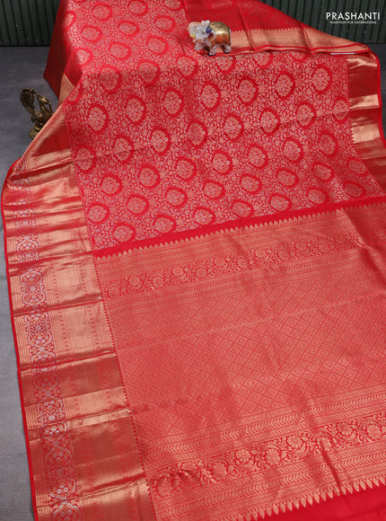 Pure kanchipuram silk saree red with allover zari woven brocade weaves and long zari woven border