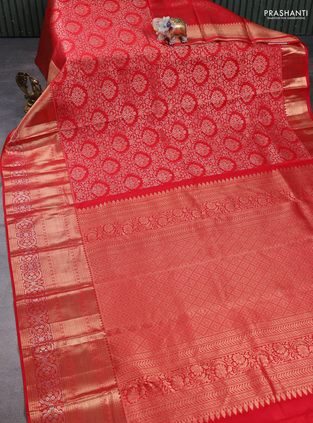 Pure kanchipuram silk saree red with allover zari woven brocade weaves and long zari woven border