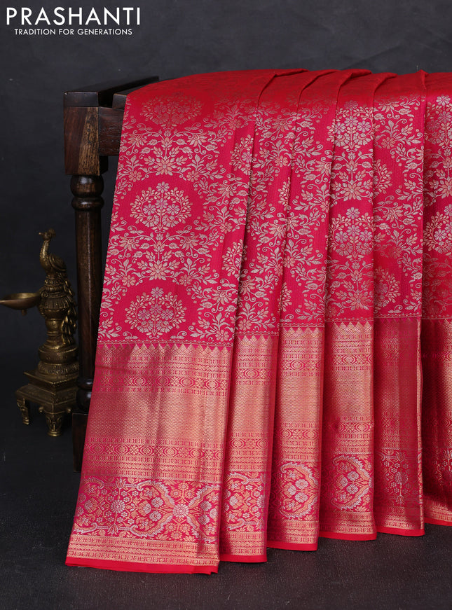 Pure kanchipuram silk saree pink with allover zari woven brocade weaves and long zari woven border