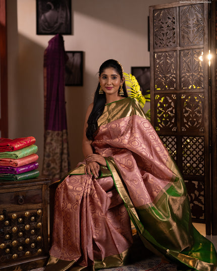 Pure kanchipuram silk saree mauve pink with allover zari woven brocade weaves and long zari woven border