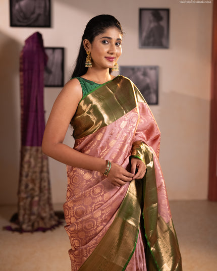 Pure kanchipuram silk saree mauve pink with allover zari woven brocade weaves and long zari woven border