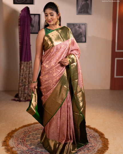 Pure kanchipuram silk saree mauve pink with allover zari woven brocade weaves and long zari woven border