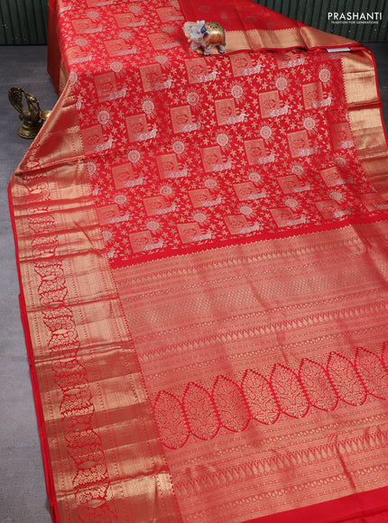 Pure kanchipuram silk saree red with allover zari woven brocade weaves and long zari woven border