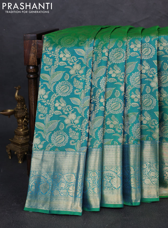 Pure kanchipuram silk saree dual shade of greenish yellow with allover zari woven brocade weaves and long zari woven border