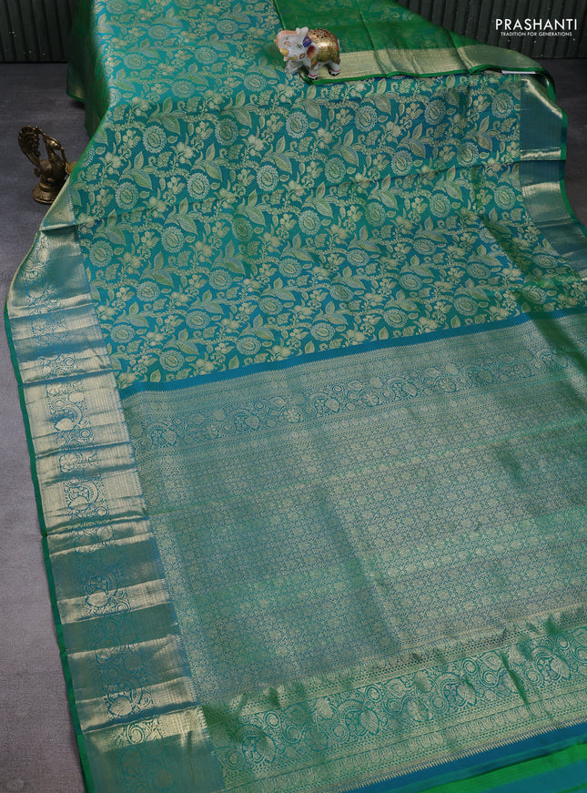 Pure kanchipuram silk saree dual shade of greenish yellow with allover zari woven brocade weaves and long zari woven border