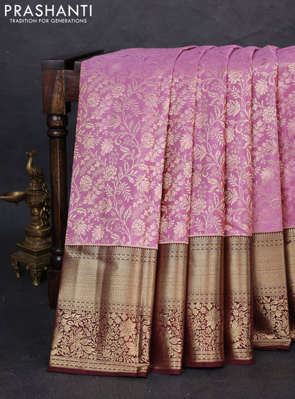 Pure kanchipuram silk saree light pink and coffee brown with allover zari woven brocade weaves and long zari woven border