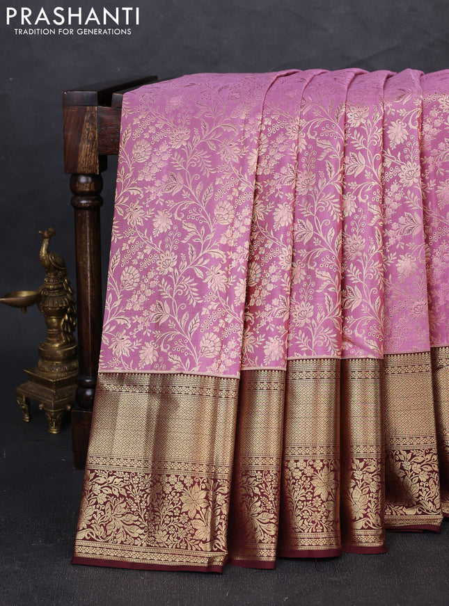 Pure kanchipuram silk saree light pink and coffee brown with allover zari woven brocade weaves and long zari woven border