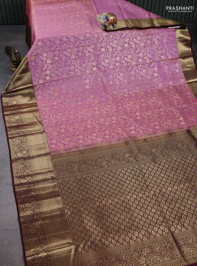 Pure kanchipuram silk saree light pink and coffee brown with allover zari woven brocade weaves and long zari woven border