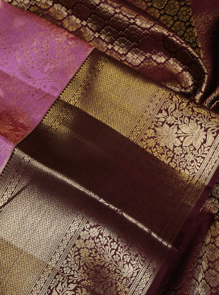Pure kanchipuram silk saree light pink and coffee brown with allover zari woven brocade weaves and long zari woven border
