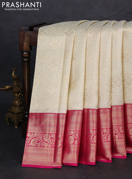 Pure kanchipuram silk saree cream and pink with allover zari woven brocade weaves and long zari woven border