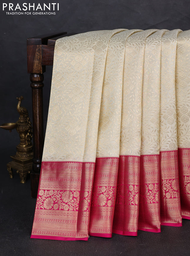 Pure kanchipuram silk saree cream and pink with allover zari woven brocade weaves and long zari woven border