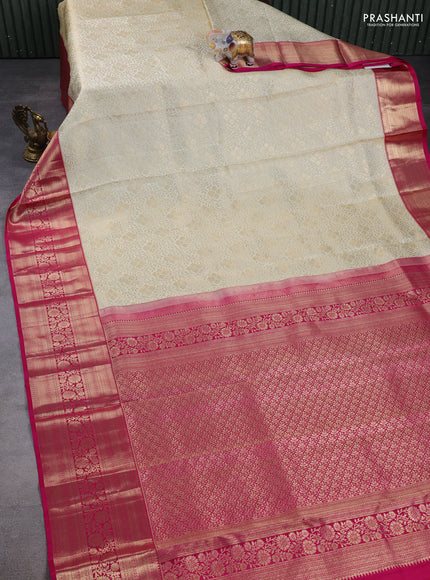 Pure kanchipuram silk saree cream and pink with allover zari woven brocade weaves and long zari woven border
