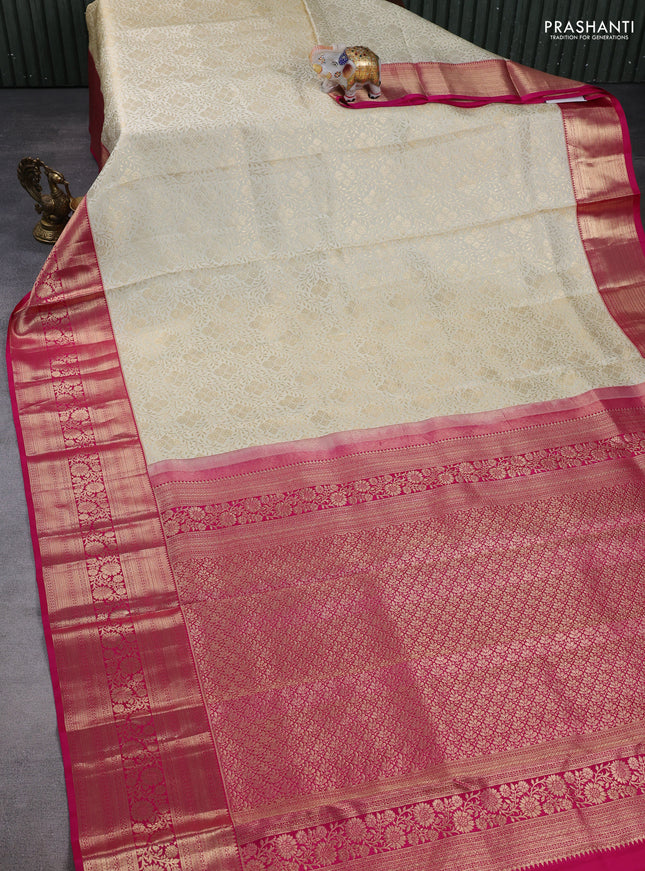 Pure kanchipuram silk saree cream and pink with allover zari woven brocade weaves and long zari woven border