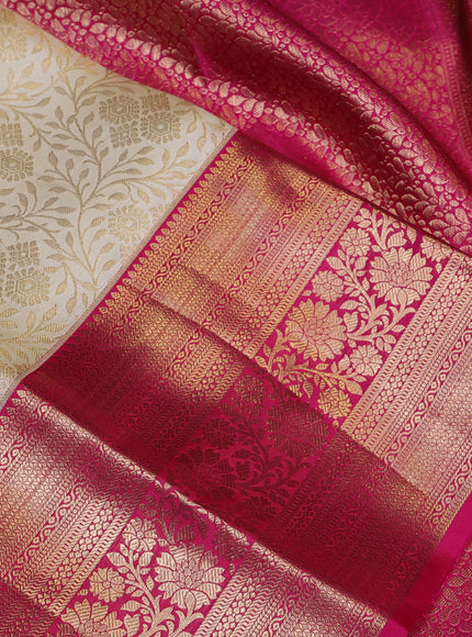 Pure kanchipuram silk saree cream and pink with allover zari woven brocade weaves and long zari woven border