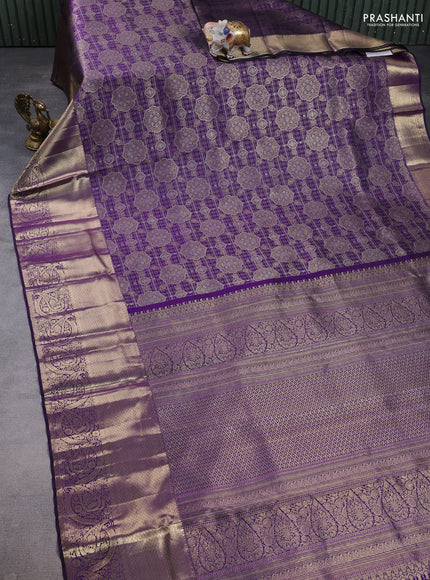 Pure kanchipuram silk saree deep purple with allover zari woven brocade weaves and long zari woven border