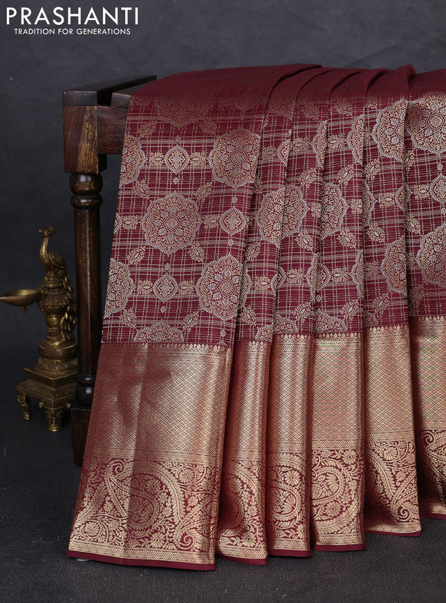 Pure kanchipuram silk saree deep wine with allover zari woven brocade weaves and long zari woven border
