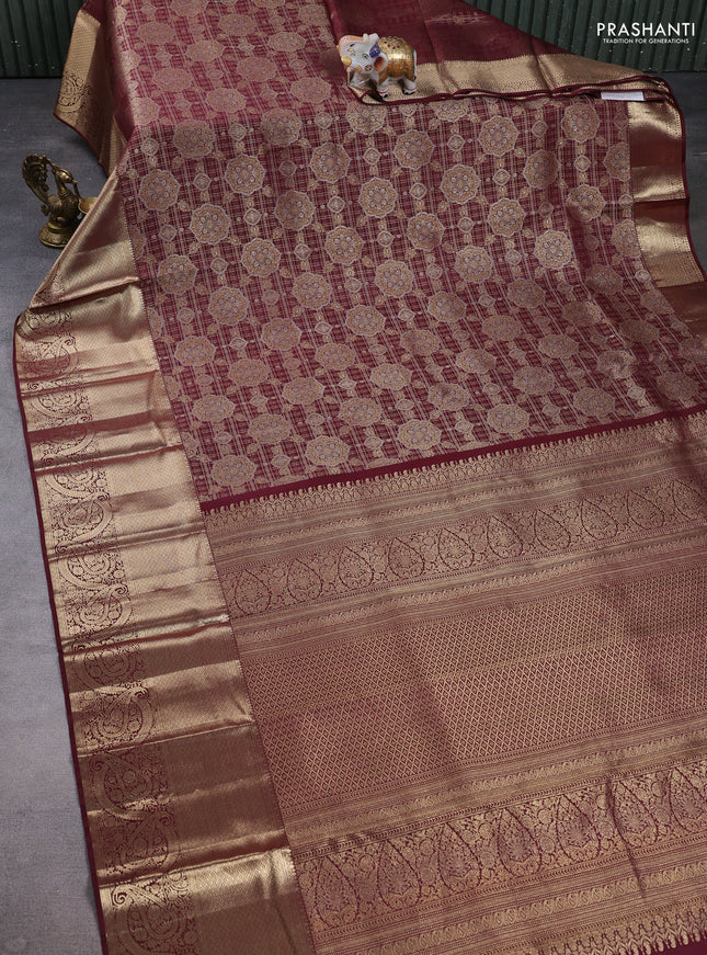 Pure kanchipuram silk saree deep wine with allover zari woven brocade weaves and long zari woven border