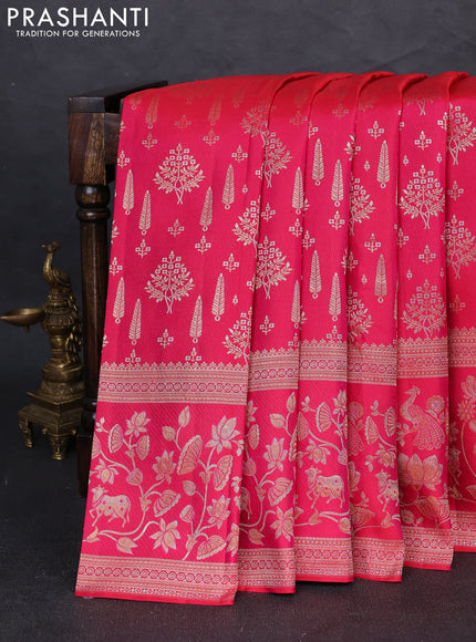 Pure kanchipuram silk saree dual shade of pinkish orange with allover zari woven brocade weaves and long zari woven border