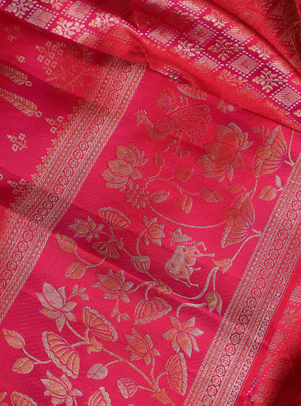 Pure kanchipuram silk saree dual shade of pinkish orange with allover zari woven brocade weaves and long zari woven border
