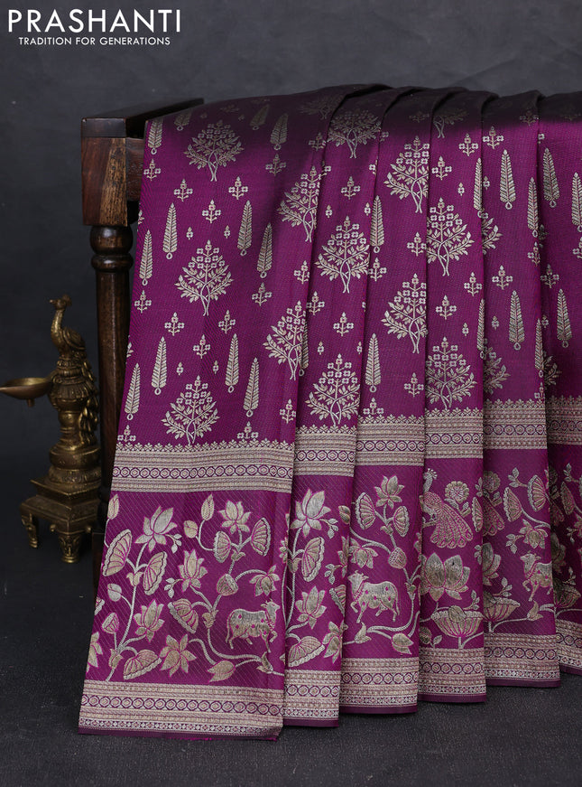 Pure kanchipuram silk saree deep purple with allover zari woven brocade weaves and long zari woven border