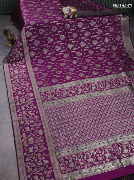 Pure kanchipuram silk saree deep purple with allover zari woven brocade weaves and long zari woven border