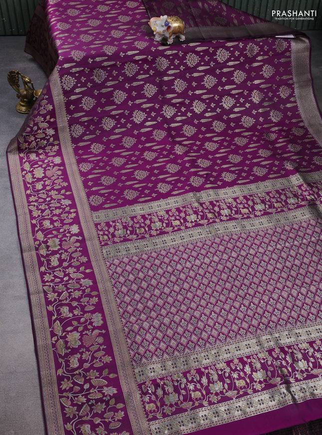 Pure kanchipuram silk saree deep purple with allover zari woven brocade weaves and long zari woven border