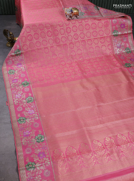 Pure kanchipuram silk saree light pink with allover zari woven brocade weaves and long zari woven border